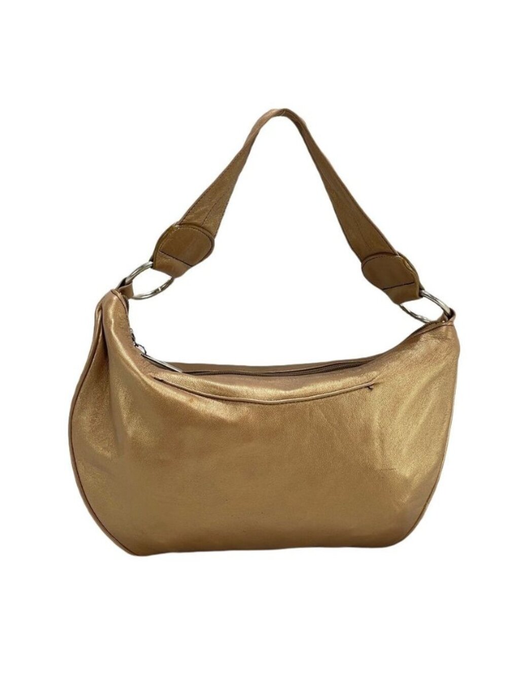 Bolsa Metallic Gold Lambskin Leather Shoulder Bag With Ultrasuede Lining Zip Clo